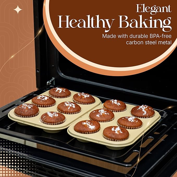 Nonstick Bakeware Set 8 Piece - Stackable Baking Pan Set, Oven safe 450°F, Carbon Steel Baking Set with Muffin, Loaf, Cookie Sheets & Roaster, Easy Storage, BPA-Free (Beige)