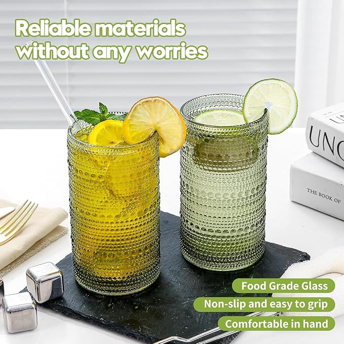 16oz Green Hobnail Drinking Glasses with Straws Set of 12, Highball Glasses Cups, Kitchen Water Glasses Cup, for Cocktail, Juice, Whiskey, Milk and Various Mixed Drinks
