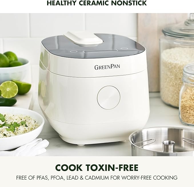 GreenPan Rice Cooker, 8 Cups Cooked (4 Uncooked), Low-Carb & Soup Mode,10 ONE-TOUCH Cooking Presets, PFAS-Free Ceramic Steamer Basket, Fuzzy Logic, Auto Keep Warm, Oats, 24HR Delay Timer, Cream