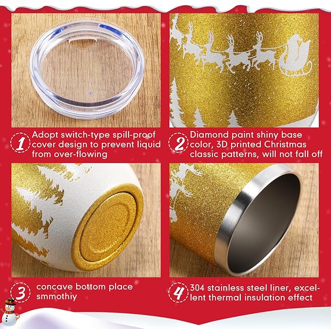 Sliner 6 Pack Pack Christmas Glitter Tumbler Bulk, 12 oz Holiday Wine Tumbler Set Stainless Steel Insulated Sparkling Glitter Cup with Lids Straws and Brushes Travel Mug Xmas Gift (Santa Belt Style)
