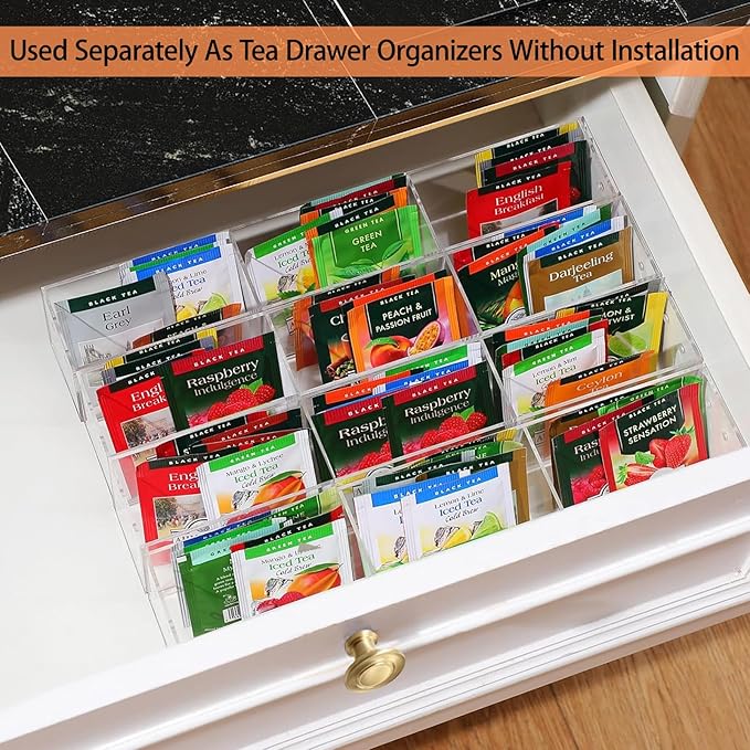 Tea Bag Organizer Holder, Acrylic Tea Packets Storage Box Container Display Stand Rack for Counter Cabinet Countertop Kitchen Office, 4 Tier