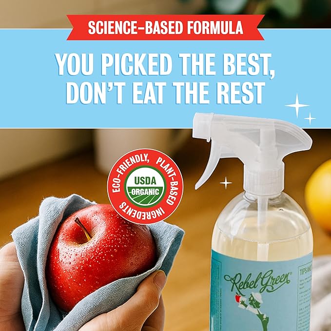 Rebel Green Fruit & Veggie Clean - Plant-Based Produce Cleaner - Natural Fruit and Vegetable Wash with No Aftertaste - Dirt & Grime Removal - Made with Organic Extracts of Citrus - 16 FL OZ