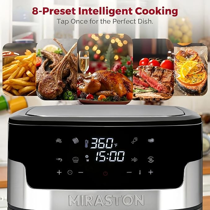 Air Fryer, 8.5QT Family Size Digital Air Fryers, BPA-Free, Smart Touchscreen with 8-Preset, Air Frying, Reheat Leftovers, Party Food, Fast Cooking, Dishwasher-Safe, Stainless Steel