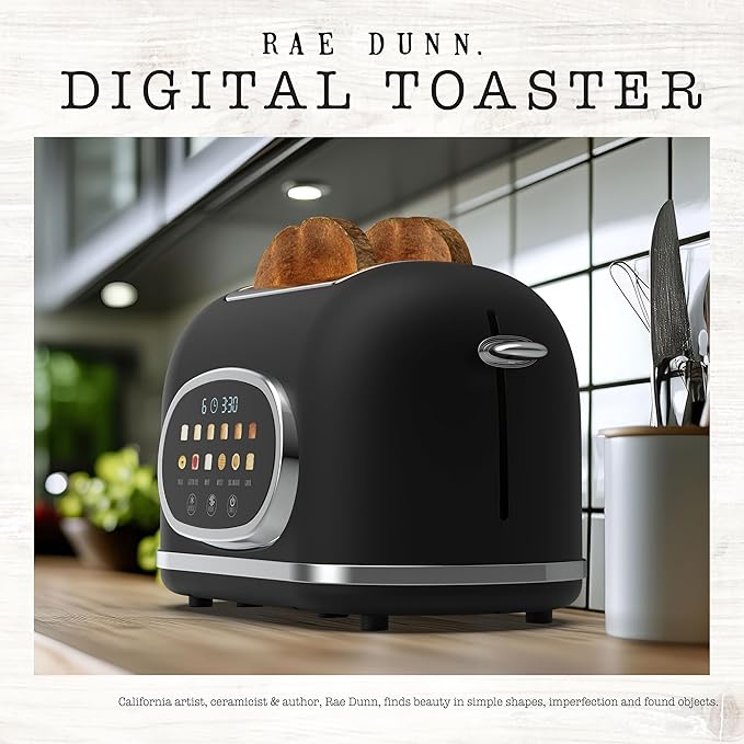 Rae Dunn Retro Digital Electric Toaster, 2 Slice Stainless Steel Toaster With Touchscreen, Countdown Timer, 6 Shade Settings, Wide Slots, High Lift Lever, Bagel, Defrost & Reheat, Digital Black