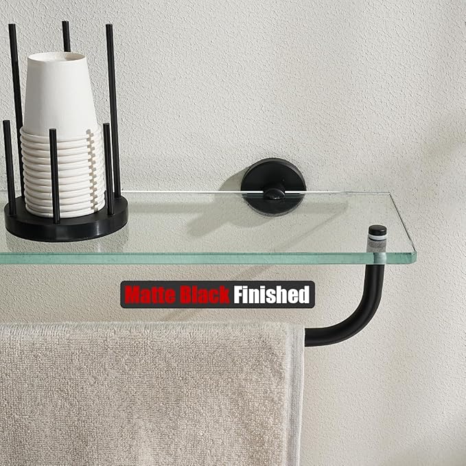 JQK Bathroom Glass Shelf, Shelf with 19 Inch Towel Bar Tempered Glass Shower Storage 20 by 5 inches, 304 Stainless Steel Matte Black Wall Mount, TGS100L20-PB