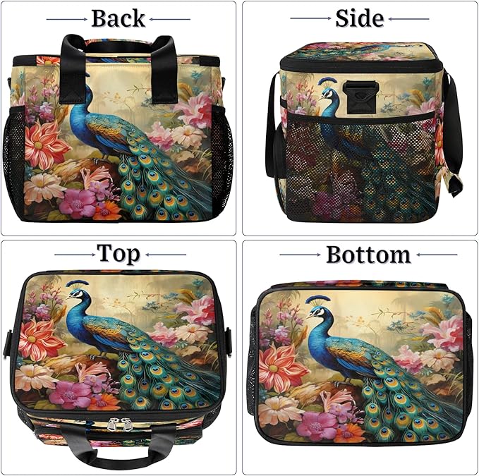 Pardick Lunch Box for Women Men Flower Peacock Insulated Lunch Bag Leakproof Large Lunchbox for Adults with Adjustable Shoulder Strap, Cooler Tote Bag for Work, Picnic, Beach