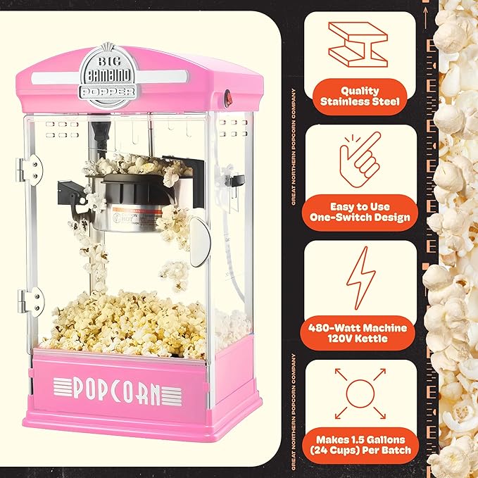 Big Bambino Popcorn Machine - Old-Fashioned Popcorn Maker with 4-Oz Kettle, Measuring Cups, Scoop, and Serving Cups by Great Northern Popcorn (Pink)