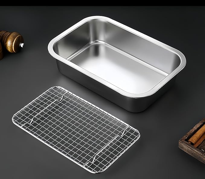 Stainless Steel Sturdy Roasting Pan with Cooling Rack – Oven, Toaster & Grill Safe, Deep Edge, Smooth Finish, Dishwasher Safe – Perfect for Turkey, Chicken, BBQ (10.4x7.7x2.8in)