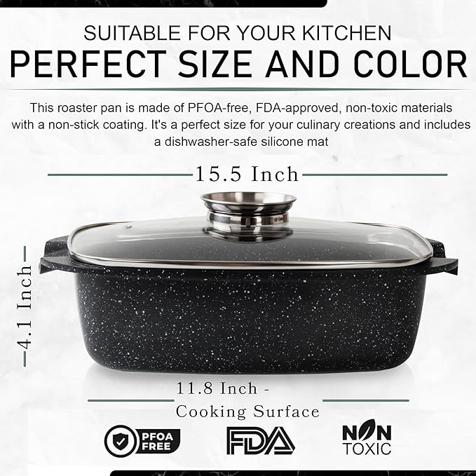 Moss & Stone Die Cast Aluminum Oval Roaster Pot 12-Inch, Induction Compatible, Hard Anodized Nonstick Pasta Pot with Glass Lid, Roaster Oven Safe 6 Quart Bundle With 12 Inch Aluminum Pan Non-Stick Coo