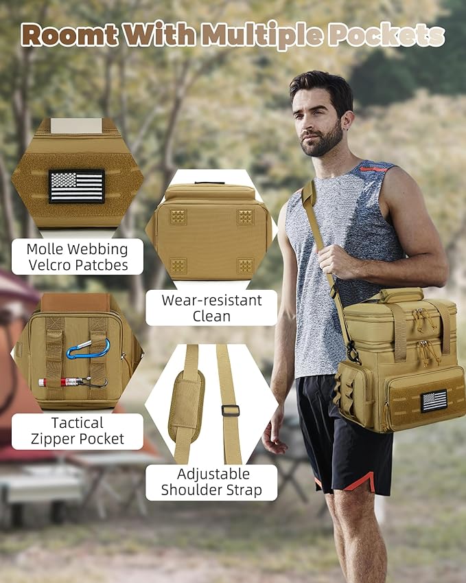 Tactical Lunch Bag & Lunch Box for Men - Large Double Deck Expandable Insulated Soft Adult Lunchbox for Work - Cooler Bag for Beach, Picnic, Camping,Outdoor，Travel (Brown,23L)