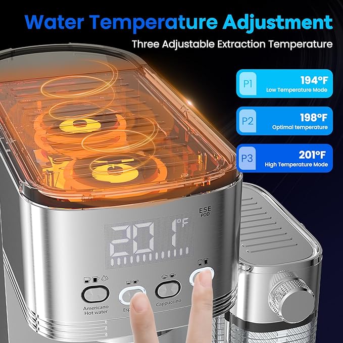 Espresso Machine 20 Bar Temperature Time LED Display Espresso Maker with Stepless Adjustable Automatic Milk Frother for Cappuccino Latte Americano Stainless Steel Coffee Machine with ESE Pod Filter