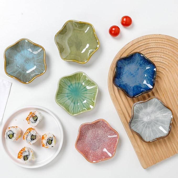 Dipping Bowls Set of 6, Ceramic Soy Sauce Dishes, 2 oz Dipping Sauce Cups, chrysanthemum Round Small Side Dish Dishes for Dipping Sushi Tomato Soy Sauce Dish Condiment Finger Bowls
