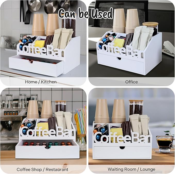 Coffee Bar Organizer for Countertop – Wooden Coffee Station with Drawer, Tea and K Cup Storage Condiment Rack, Coffee Pod Holder for Home and Office Organization (Drawer - White)