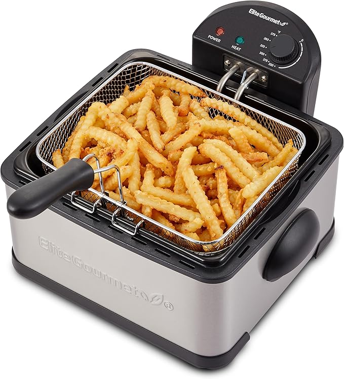 Elite Gourmet Electric Deep Fryer 4.2 Quart Oil Capacity with Temperature Knob, 1 x 4Qt Basket, Powerful 1700 Watts, Lid with Anti-Odor Filter & Viewing Window, Stainless Steel