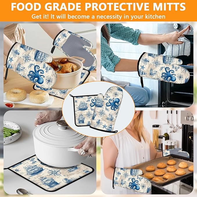 Sea Octopus Compass Oven Mitts and Pot Holders Sets 4Pcs Silicone Non-Slip Mitts Heat Resistant Gloves Hot Pads for Kitchen Cooking Baking Grilling BBQ