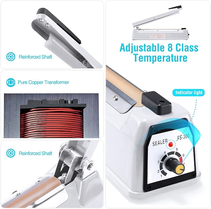METRONIC Impulse Sealer 12 Inch, Heat Sealer Machine with Repair Kit, Manual Bag Sealer, Heavy Duty Impulse Heat Sealer for Plastic Bags, Shrink Wrap Bags (White)