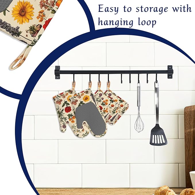 Wildflowers Red Rose Pot Holders and Oven Mitts Set Silicone Vintage Herb Kitchen Gloves Potholders Heat Resistant Washable,Chef Cooking Baking Gifts for Women Men Bakers Lover Cooks