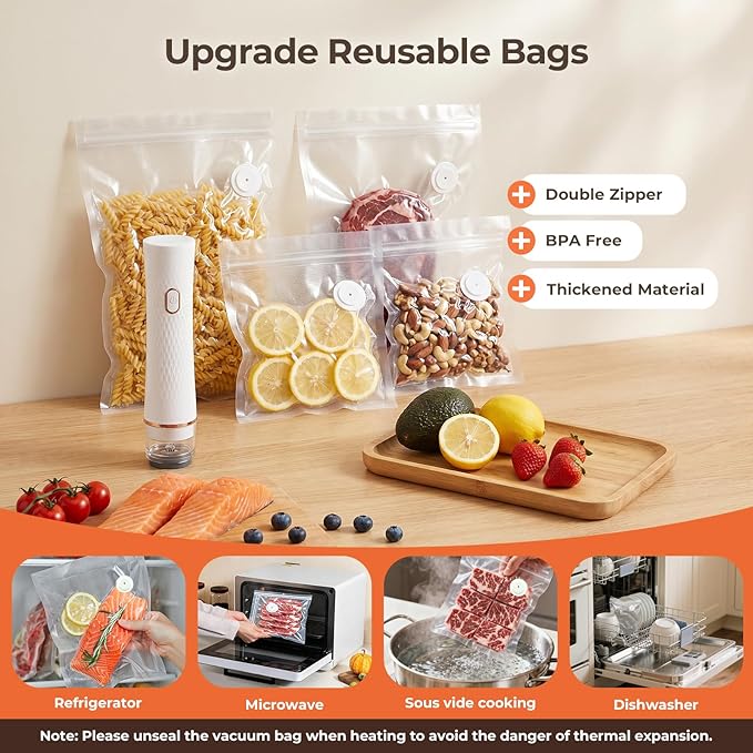 Handheld Vacuum Sealer for Food (Vacuum Sealer + 30 Reusable Bags) – Powerful Compact Food Sealer, Portable Vacuum Sealer for Kitchen, 10X Fresh Logner Seal Meal Saver