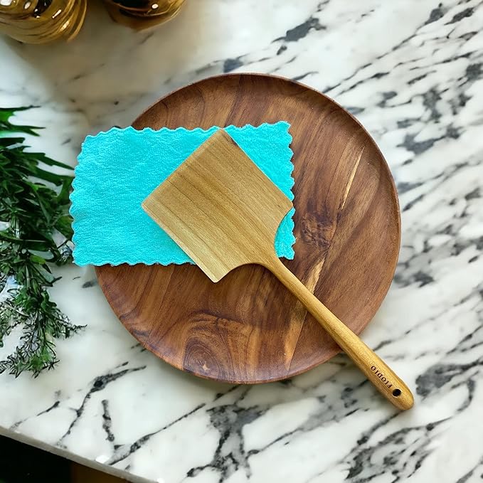 Teak Wide Wooden Spatula with Microfiber Cloth - Natural Non-Stick Healthy Kitchen Utensils - Handcrafted with Comfort Grip