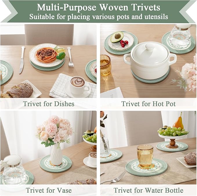 SHACOS Sage Green 8 Inches Trivets for Hot Dishes, 4 Pieces Cotton and Felt Floral Pattern Trivet Mats for Kitchen, Hot Pads for Countertops, Table, Heat-Resistant Pot Holders for Hot Pots and Pans