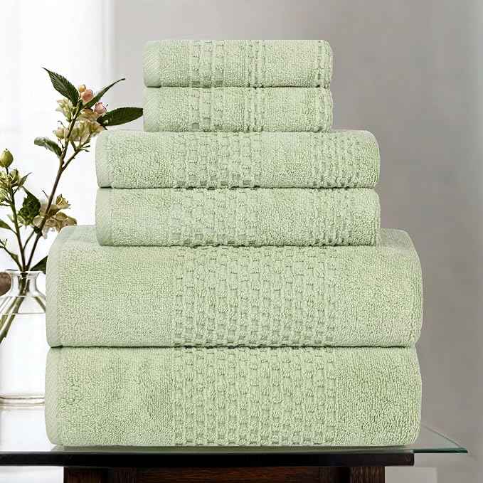 Superior Playa Zero Twist Cotton Medium Weight Towels, for Guest Bath, Bathroom, Shower, Spa, Plush, Quick Dry, Ultra-Soft Towels, Bath Essentials, Waffle Textured, 6 Piece Assorted Towel Set, Green