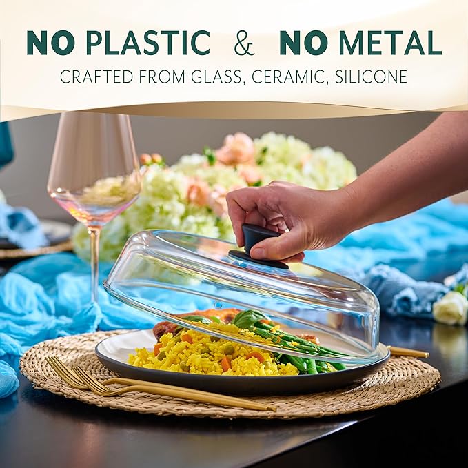 Le'raze 10inch Glass Microwave Splatter Cover for Food - 100% Food Grade BPA & Lead Free - Dishwasher Safe - Cookware & Bakeware Serving Dish Plate Mess Guard Lid with Easy Grip Silicone Handle Knob