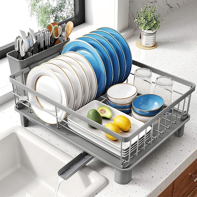 SNTD Dish Drying Rack - Small Dish Rack for Kitchen Counter, Stainless Steel Dish Drainer with Utensil Holder and Drainboard, 12.9" W x 16.9" L (Grey)