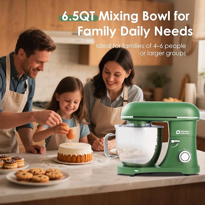 Kitchen in the box Stand Mixer - 6.5 Quart Mixing Bowl with Handle, 900 Watt Heavy Bread Dough Standing Mixers Tilt-head with Dough Hook, Whisk, Flat Beater and Splash Guard (Green)