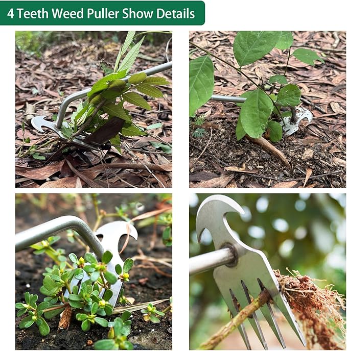 3 Pack Weed Puller Tool, Manual Stainless Steel Weeding Tool, L-Shape Crack Sickle and 4 Teeth Weeder Tool with Gloves for Lawn Vegetable Garden Farm Planting