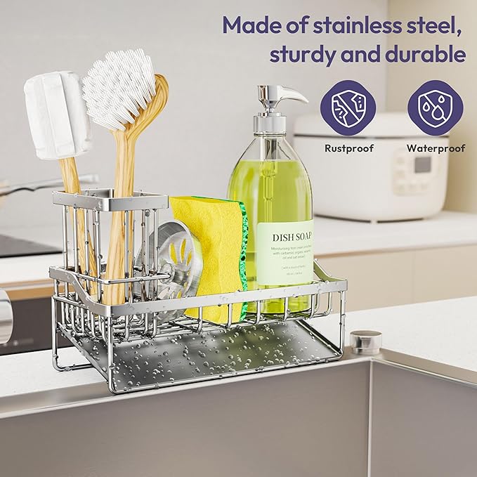 SWTYMIKI Sink Caddy Sponge Holder - Kitchen Sink Organizer with Stainless Steel Self Drain Tray & High Brush Holder for Countertop to Hold Dish Soaps and Sponges, Stainless Steel, Silver