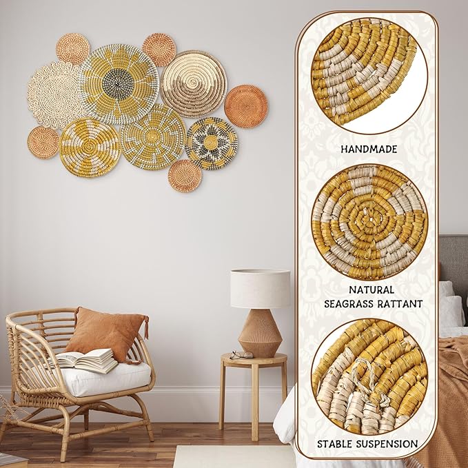 Tatuo 11 Pcs Boho Wall Basket Decor Bulrush Woven Wall Hanging Art Round Farmhouse Rustic Handmade Wicker for Summer Home, Bedroom, Living Room, Kitchen Decorations, Multi Sizes(Lively)