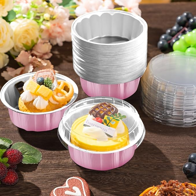 Tessco for you 100 Pcs Disposable Ramekins with Lids 8 oz Creme Brulee Ramekin Aluminum Foil Cup Cupcake Liner Baking Valentines Disposable Muffin Tin Pan Cheesecake Container (Pink,Silver)