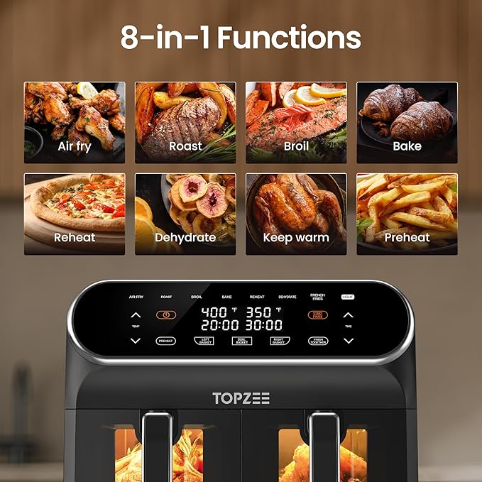 Topzee Dual Basket Air Fryer 8QT – Family Size Air Fryer with Dual Independent Zones, 8 Cooking Presets, Simultaneous Finish Mode, Viewing Windows, 90–400°F, Low-Oil Cooking, Black