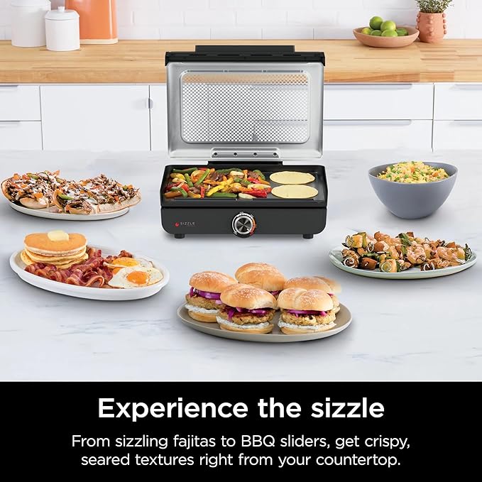 Ninja Sizzle Indoor Griddle, 14’’, Electric Grill, For Eggs, Burgers, Bacon, Pancakes, Veggies, and More, Nonstick, Dishwasher Safe, 500F, Even Cooking, GR100GDL (Renewed)