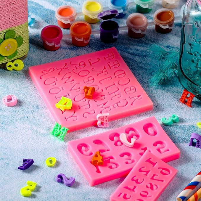 Patelai 6 Pieces Letters Silicone Mold Number Resin Mold 26 Letters and 0-9 Number Silicone Fondant Chocolate Molds for Making Candy Gummy Biscuit Ice Cube Tray Cake Decorations(Pink)