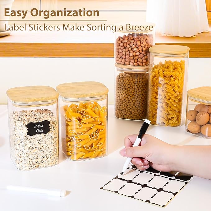 TBWIND 37oz(1.2Qt) Square Glass Storage Containers with Bamboo Lids – 4 Pack Clear Food Airtight Glass Jars for Pantry Organizers and Storage, Kitchen Dry Food, Coffee, Sugar, Flour, Snacks, Spices