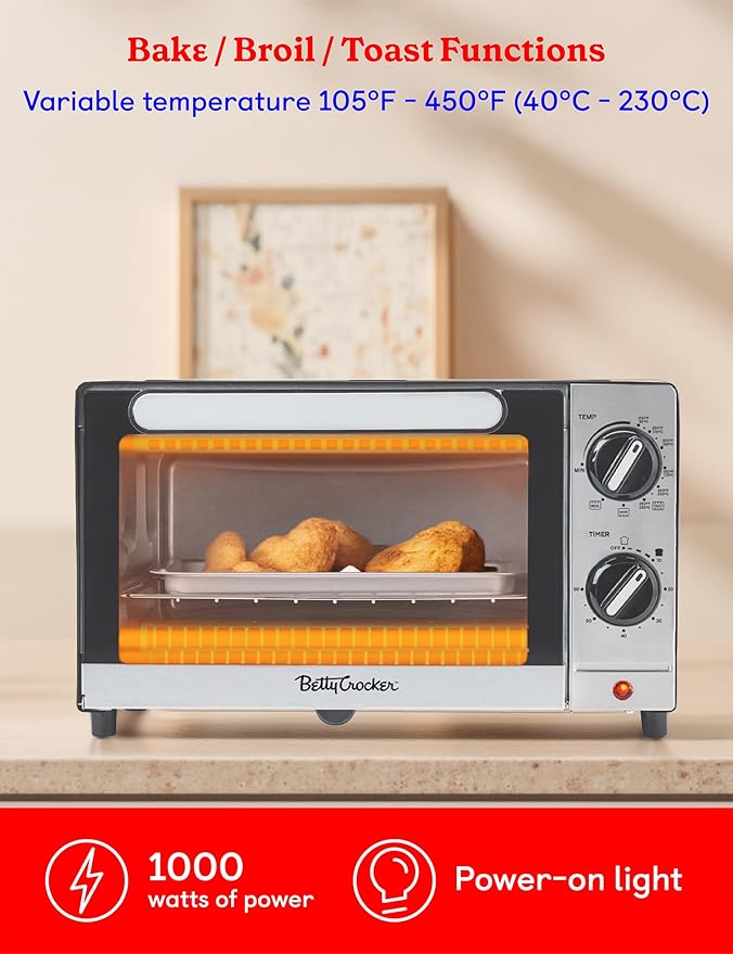 Betty Crocker 9L Toaster Oven, 2-Slice Toaster with Chrome Plated Front, Stainless Steel Handle, Bake, Broil & Toast Functions, Easy Control Dials, Includes Baking Pan & Rack, BC-5665B, Black/Silver