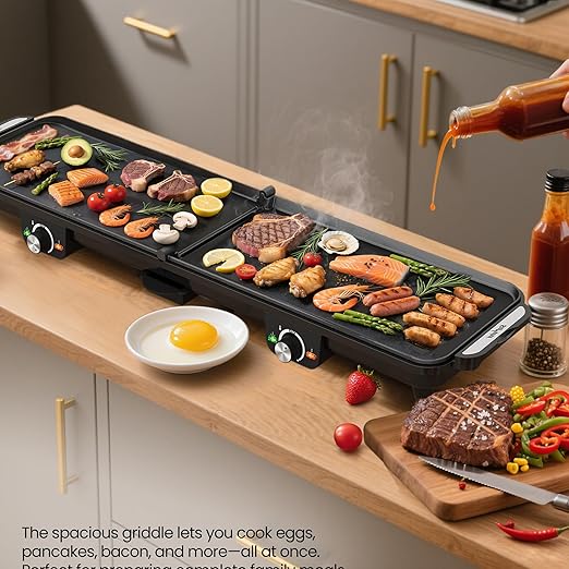 Electric Griddle Indoor, 1600W Large Flat Top Grill with 17.5" x 9" Nonstick Plates, 2 Cooking Zone with Adjustable Temp, Pancake Egg Maker with Drip Tray, Indicator Light
