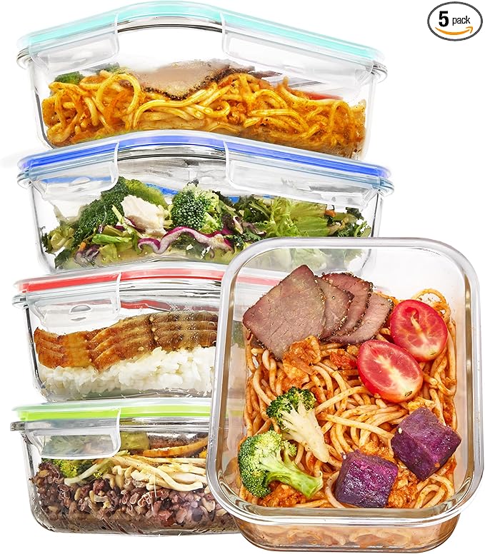 Vtopmart 5 Pack 35oz Glass Food Storage Containers with Lids, Meal Prep Containers, Airtight Reusable Lunch Container Set, Safe for Oven, Microwave, Freezer, and Dishwasher, Multicolour