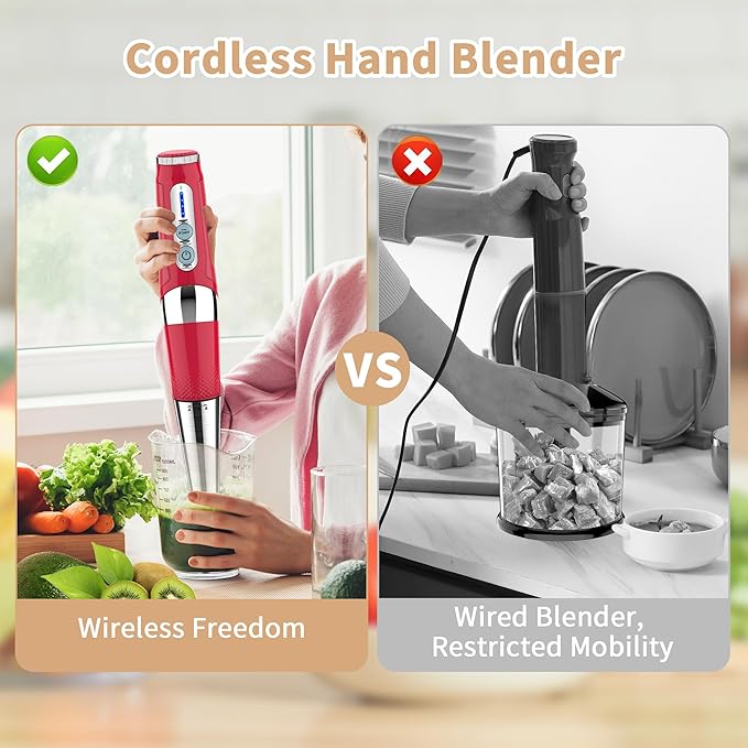 Toogel Cordless Immersion Blender, 4-in-1 Electric Hand Blender with 21-Speed & 3-Angle Adjust, USB Rechargeable, BPA-Free & Dishwasher Safe for Baby Food, Smoothies, Soup (Red)