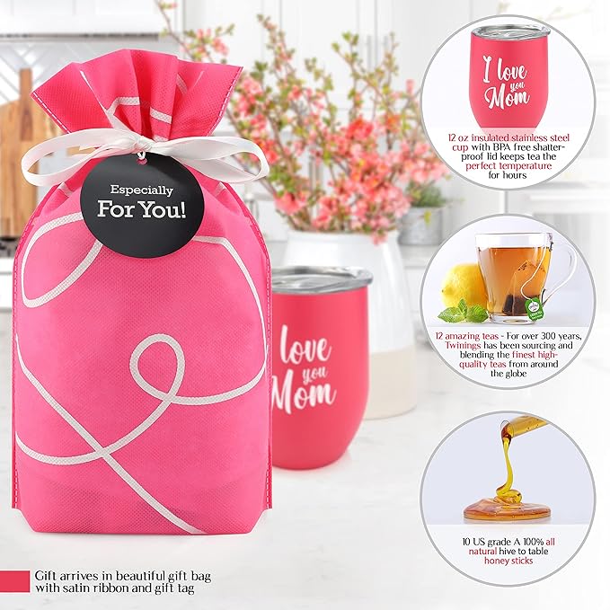 Gifts For Mom - Tea Lovers Gift Basket, Set Includes Temperature Retention Cup 12 Special Blend Teabags & Honey Presented in Beautiful Gift Bag For Mothers Day, Birthday, Get Well, Thinking of You Care Package