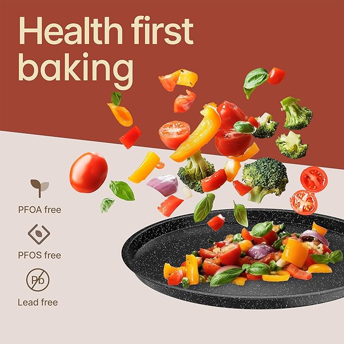 Gray Marble Non Stick Pizza Pans Set of 3 – Carbon Steel Pizza Baking Trays (9.45", 11.02", 12.99") for Oven Use, Durable, PFOA, PFOS, PTFE Free, Dishwasher Safe, Stain-resistant, Easy Cleanup