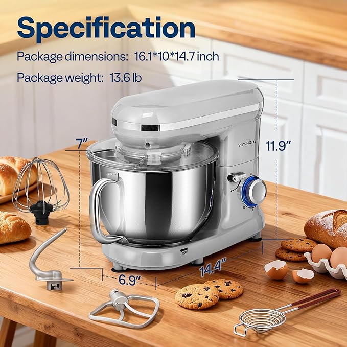 VIVOHOME Stand Mixer, 660W 10 Speed 6 Quart Tilt-Head Kitchen Electric Food Mixer with Beater, Dough Hook, Wire Whip and Egg Separator, Silver