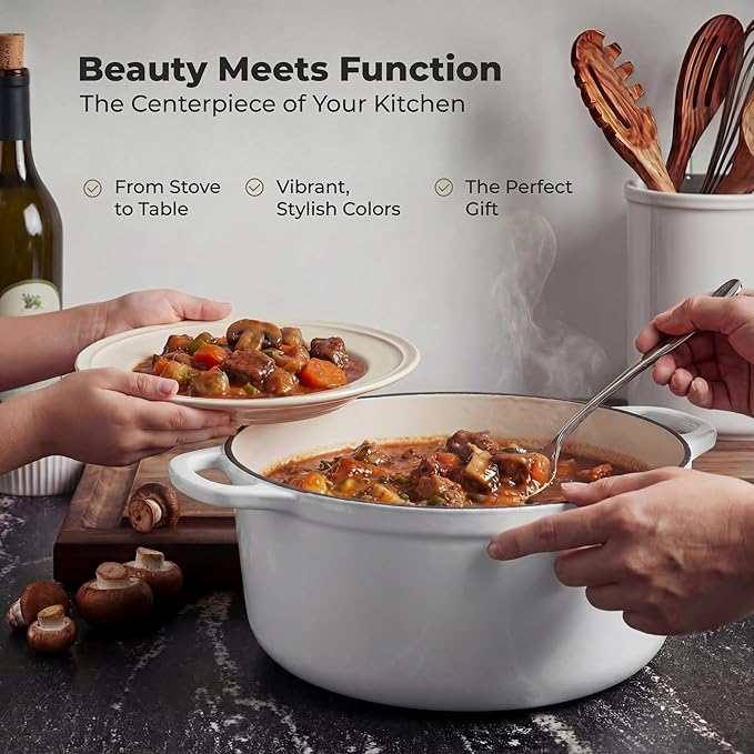 Zulay Kitchen 6 Quart Enameled Cast Iron Dutch Oven Pot with Lid – Premium Durability & Oven Safe up to 500°F – Heavy Duty Cookware Perfect for Bread Baking, Stews, Braising & Roasting - White