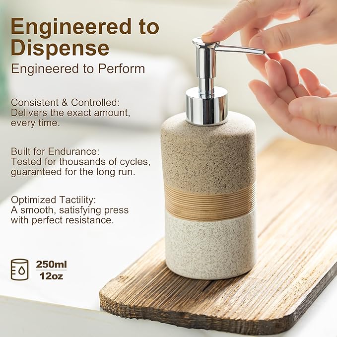 Ceramic Dish Soap Dispenser Set with Silicone Funnel, Hand Soap, Shampoo, Body Wash, Lotion Dispenser for Kitchen and Bathroom, Stainless Steel Pump, Non Slip, 12 Oz