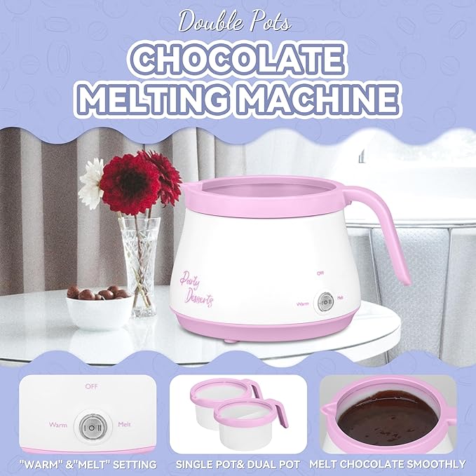 Party Desserts Candy and Chocolate Melting Pot with 2 Pots, Mini Electric Fondue Pot, Melts Candy Chocolate in a Couple of Minutes, Ideal for Cake Pops Cookies Cakes, 2.5 Cups, Pink