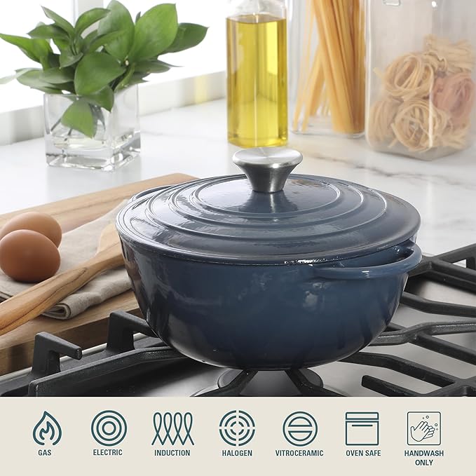 Gibson Home Addlestone 2.65 Qt Enameled Cast Iron Dutch Oven Pot with Lid – Round, Oven Safe to 500°F, Ideal for Bread Baking & Stews - Gradient Navy Blue