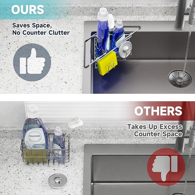 NiHome Extendable Arm Stainless Steel Kitchen Sink Corner Caddy, Easy Install Space-Saving Adjustable Sponge Holder for Most Square Standard Sinks, Non-Slip Rust-Resistant for Brushes, Soap, Sponges