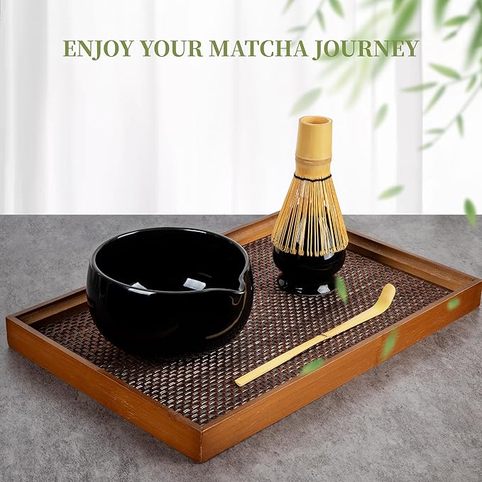 YIBO Matcha Whisk Set Black - Match Bowl with Spout and Whisk, Scoop, Sifter, Chasen Holder Measuring Spoon & Cup Kit for Matcha Tea Ceremony Tools