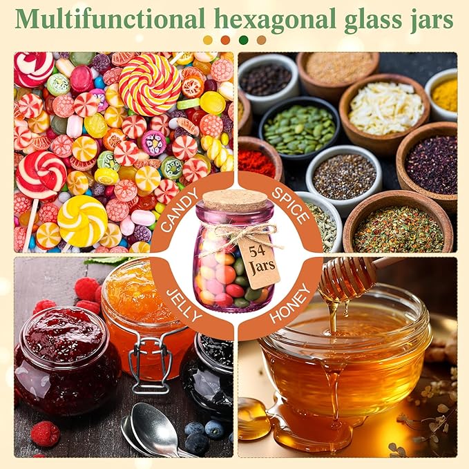 Qinyoung 54 Pack Bulk 3.4 oz Mini Colored Glass Mason Jars with Cork Lids & Labels & Twines — Decorative Storage Containers Multi-purpose for Wedding Holiday Party Favor Gifts DIY Craft Home Decor